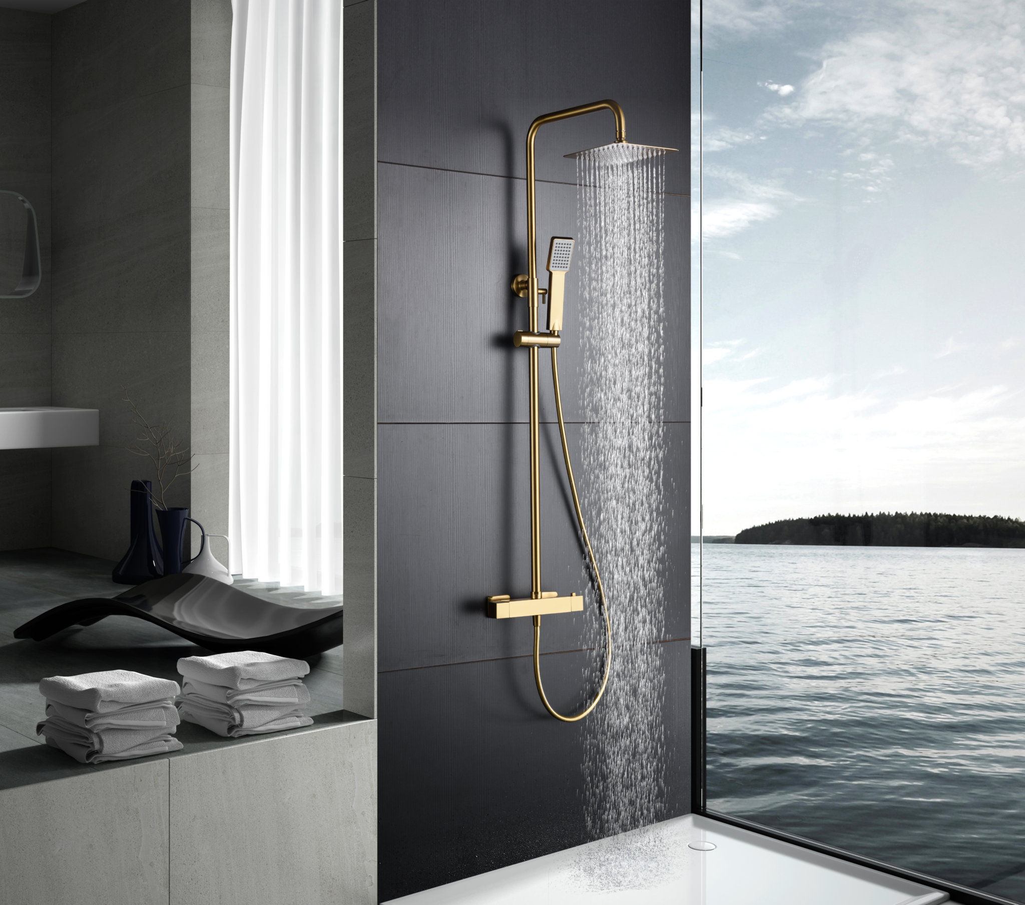 ENSEMBLE DE DOUCHE THERMOSTATIQUE OR BROSSE BTAR025/OC